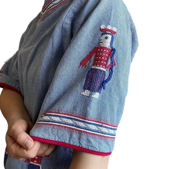 Vintage The Ranch Boutique Handwoven In Guatemala Denim Embroidered Boho Tunic S - Picture 6 of 9